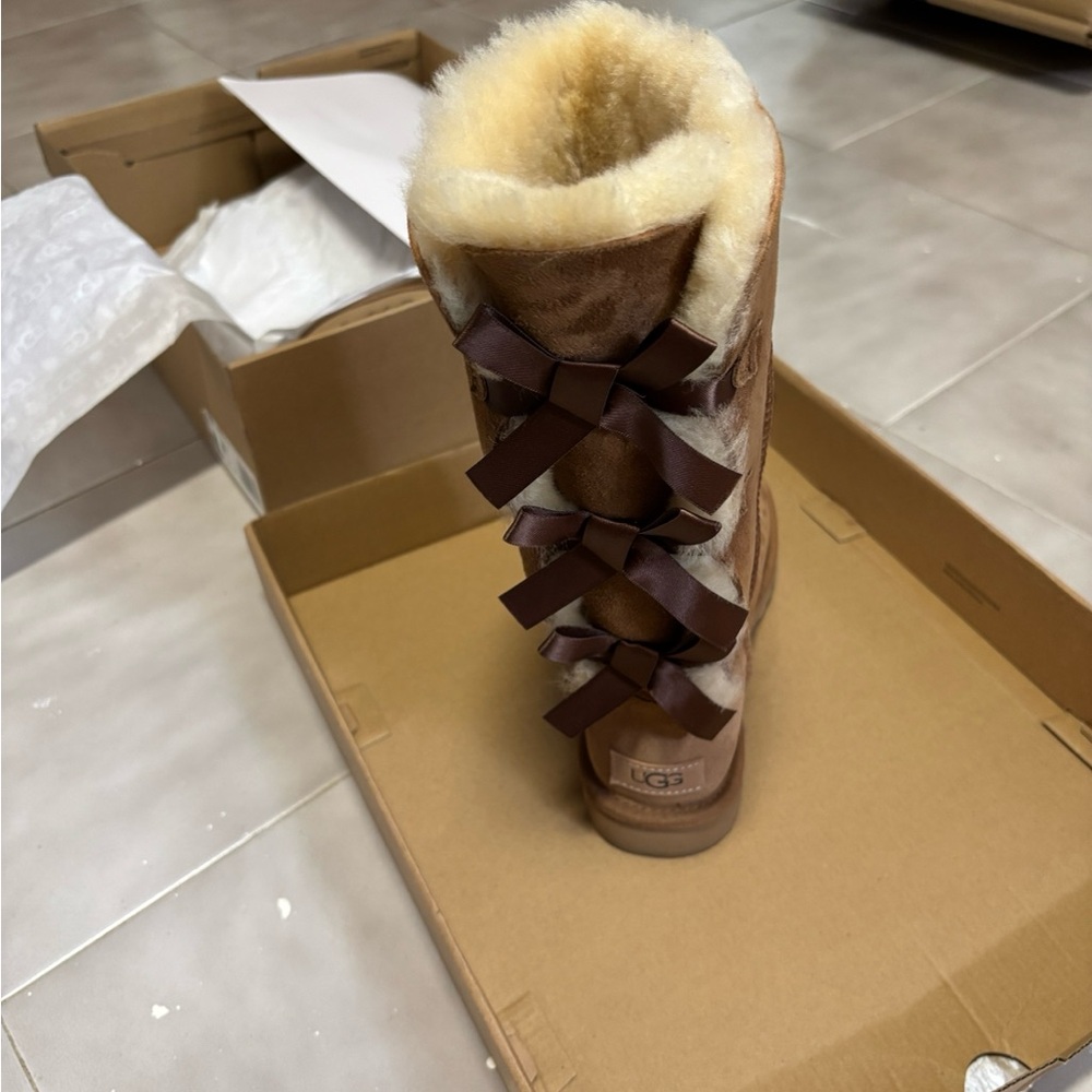 UGG Brown Winter Rain Boots with Bow Accents